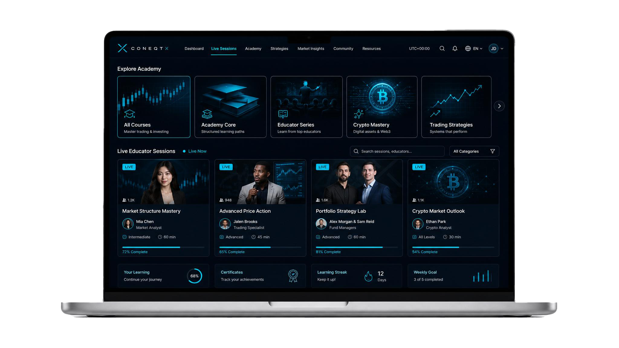 ConeqtX academy and live education laptop dashboard